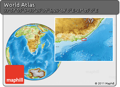 Physical Location Map of the Area around 33° 42' 13" S, 27° 16' 29" E
