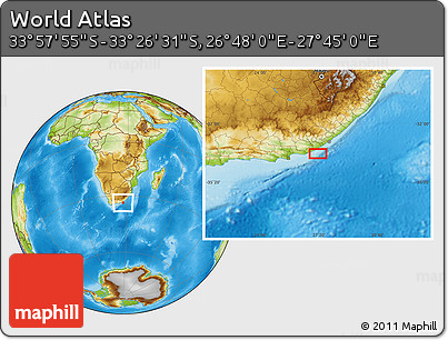 Physical Location Map of the Area around 33° 42' 13" S, 27° 16' 29" E