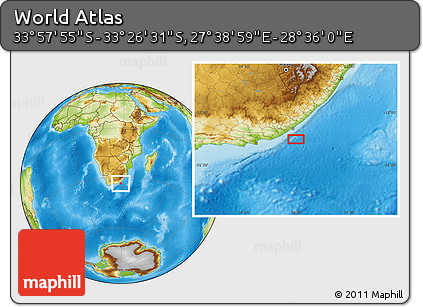 Physical Location Map of the Area around 33° 42' 13" S, 28° 7' 30" E