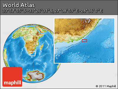 Physical Location Map of the Area around 33° 42' 13" S, 28° 7' 30" E