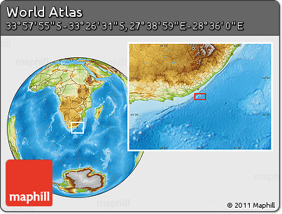 Physical Location Map of the Area around 33° 42' 13" S, 28° 7' 30" E