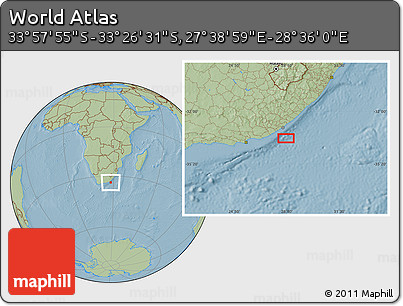 Savanna Style Location Map of the Area around 33° 42' 13" S, 28° 7' 30" E, hill shading