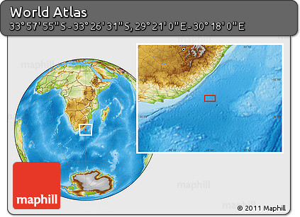 Physical Location Map of the Area around 33° 42' 13" S, 29° 49' 30" E