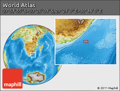 Physical Location Map of the Area around 33° 42' 13" S, 29° 49' 30" E