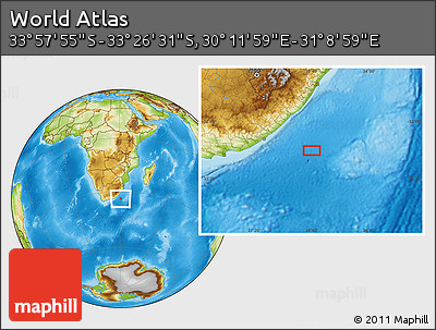 Physical Location Map of the Area around 33° 42' 13" S, 30° 40' 29" E