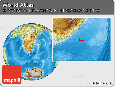 Physical Location Map of the Area around 33° 42' 13" S, 30° 40' 29" E