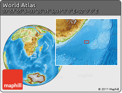 Physical Location Map of the Area around 33° 42' 13" S, 31° 31' 29" E