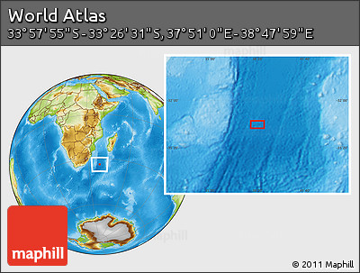 Physical Location Map of the Area around 33° 42' 13" S, 38° 19' 30" E
