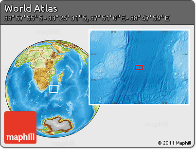 Physical Location Map of the Area around 33° 42' 13" S, 38° 19' 30" E