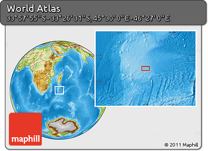 Physical Location Map of the Area around 33° 42' 13" S, 45° 58' 30" E