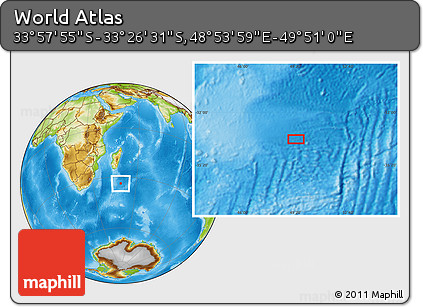 Physical Location Map of the Area around 33° 42' 13" S, 49° 22' 30" E