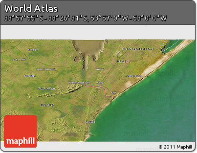 Satellite 3D Map of the Area around 33° 42' 13" S, 53° 28' 30" W