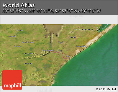 Satellite 3D Map of the Area around 33° 42' 13" S, 53° 28' 30" W