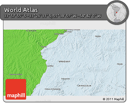 Political 3D Map of the Area around 33° 42' 13" S, 55° 10' 29" W