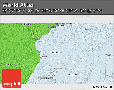 Political 3D Map of the Area around 33° 42' 13" S, 55° 10' 29" W