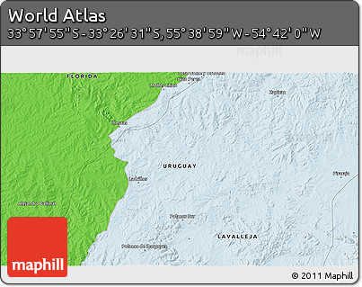 Political 3D Map of the Area around 33° 42' 13" S, 55° 10' 29" W