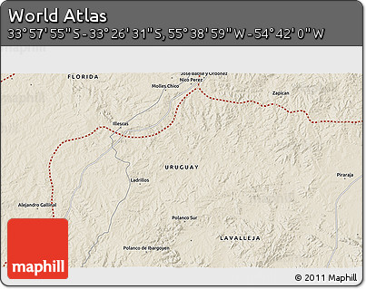 Shaded Relief 3D Map of the Area around 33° 42' 13" S, 55° 10' 29" W