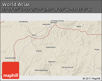 Shaded Relief 3D Map of the Area around 33° 42' 13" S, 55° 10' 29" W