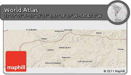 Shaded Relief Panoramic Map of the Area around 33° 42' 13" S, 55° 10' 29" W