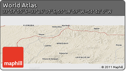 Shaded Relief Panoramic Map of the Area around 33° 42' 13" S, 55° 10' 29" W