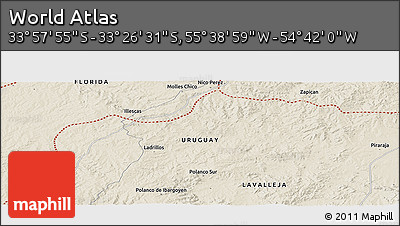 Shaded Relief Panoramic Map of the Area around 33° 42' 13" S, 55° 10' 29" W