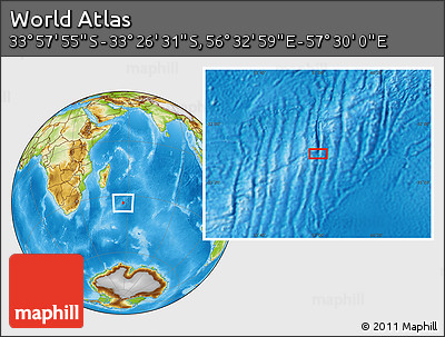 Physical Location Map of the Area around 33° 42' 13" S, 57° 1' 29" E