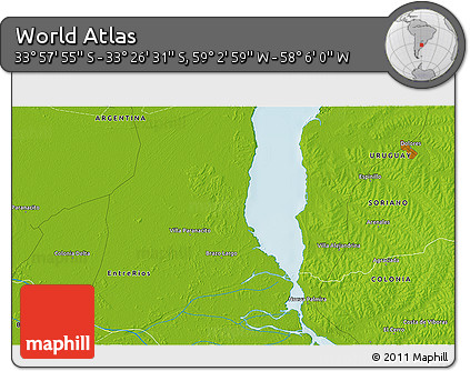 Physical 3D Map of the Area around 33° 42' 13" S, 58° 34' 30" W