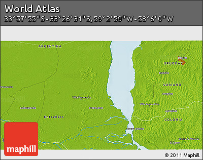 Physical 3D Map of the Area around 33° 42' 13" S, 58° 34' 30" W