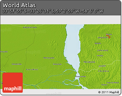 Physical 3D Map of the Area around 33° 42' 13" S, 58° 34' 30" W