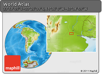 Physical Location Map of the Area around 33° 42' 13" S, 61° 7' 30" W