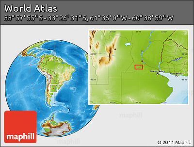 Physical Location Map of the Area around 33° 42' 13" S, 61° 7' 30" W