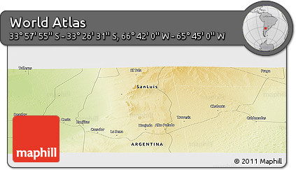Physical Panoramic Map of the Area around 33° 42' 13" S, 66° 13' 29" W