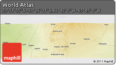 Physical Panoramic Map of the Area around 33° 42' 13" S, 66° 13' 29" W