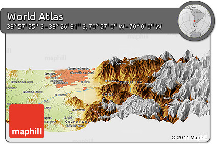 Physical Panoramic Map of the Area around 33° 42' 13" S, 70° 28' 29" W