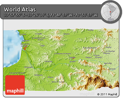 Physical 3D Map of the Area around 33° 42' 13" S, 71° 19' 29" W