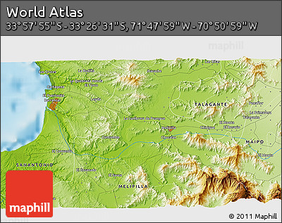 Physical 3D Map of the Area around 33° 42' 13" S, 71° 19' 29" W