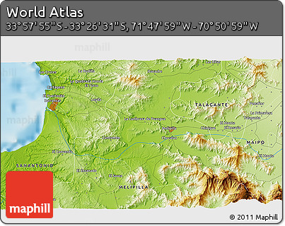 Physical 3D Map of the Area around 33° 42' 13" S, 71° 19' 29" W