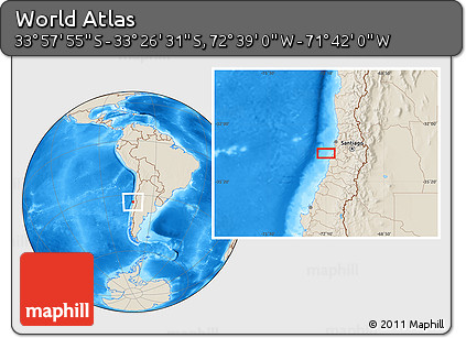 Shaded Relief Location Map of the Area around 33° 42' 13" S, 72° 10' 30" W
