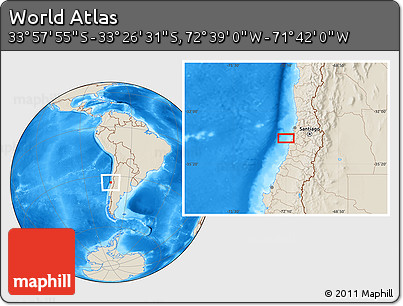 Shaded Relief Location Map of the Area around 33° 42' 13" S, 72° 10' 30" W