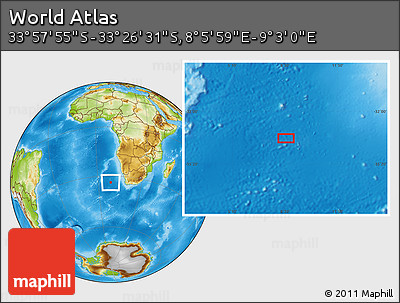 Physical Location Map of the Area around 33° 42' 13" S, 8° 34' 29" E