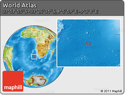 Physical Location Map of the Area around 33° 42' 13" S, 8° 34' 29" E