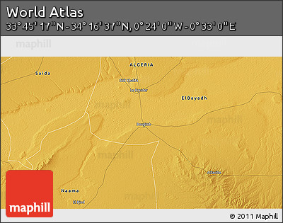 Physical 3D Map of the Area around 34° 0' 57" N, 0° 4' 30" E