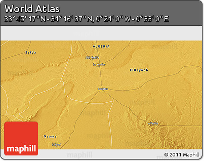 Physical 3D Map of the Area around 34° 0' 57" N, 0° 4' 30" E