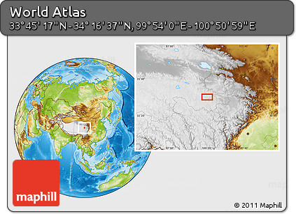 Physical Location Map of the Area around 34° 0' 57" N, 100° 22' 30" E
