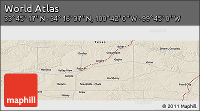 Shaded Relief Panoramic Map of the Area around 34° 0' 57" N, 100° 13' 29" W