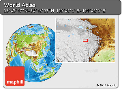 Physical Location Map of the Area around 34° 0' 57" N, 101° 13' 29" E