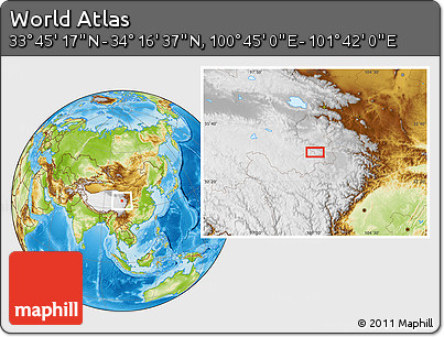 Physical Location Map of the Area around 34° 0' 57" N, 101° 13' 29" E
