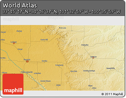 Physical 3D Map of the Area around 34° 0' 57" N, 101° 4' 29" W