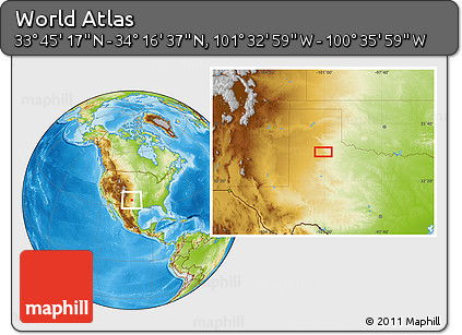 Physical Location Map of the Area around 34° 0' 57" N, 101° 4' 29" W