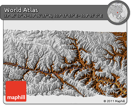 Physical 3D Map of the Area around 34° 0' 57" N, 103° 46' 30" E